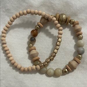 Wooden Beaded Bracelet Set in Gold and Tan